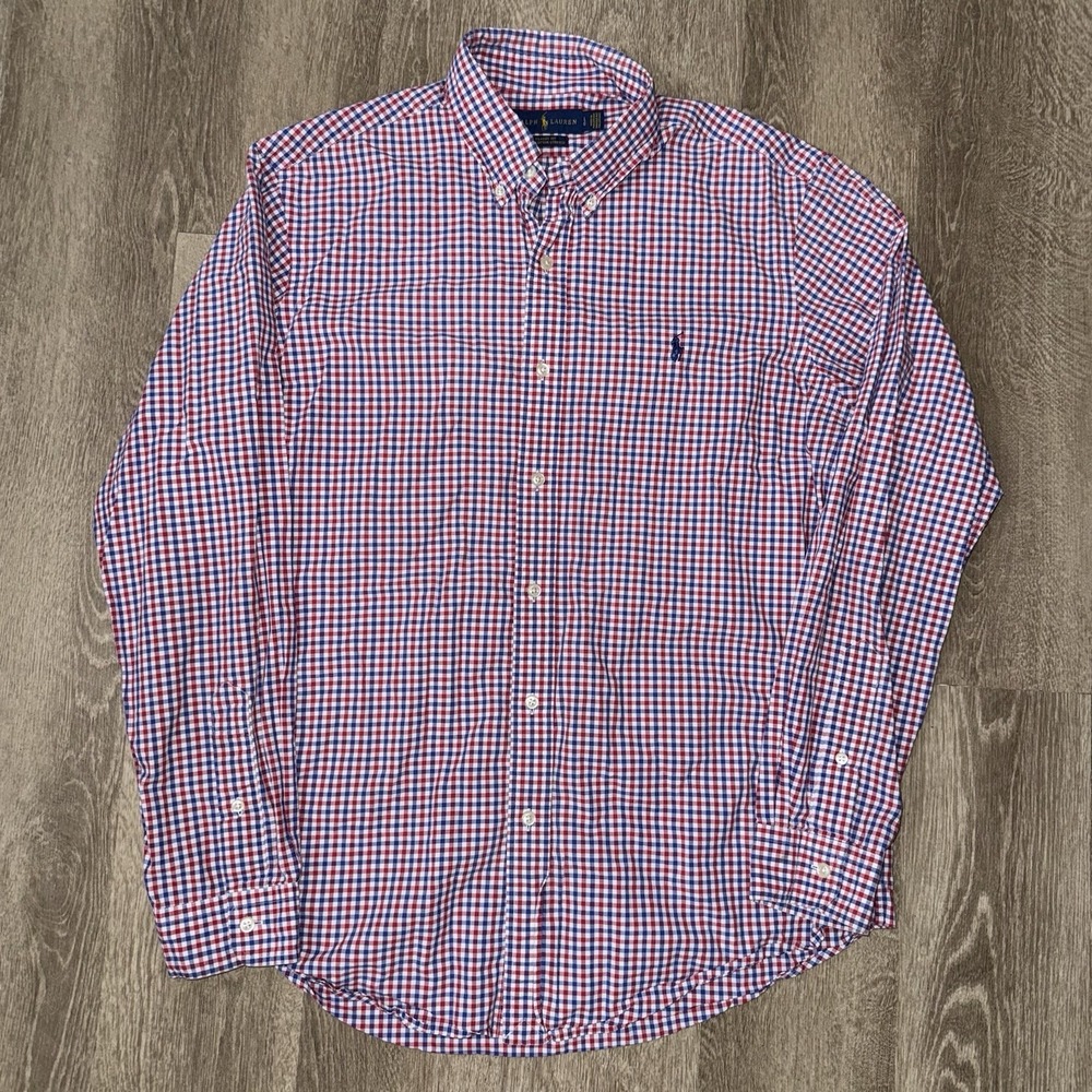 Polo Ralph Lauren Long Sleeve Cotton Stretch Oxford Men's L Red White Blue Check - Picture 2 of 5